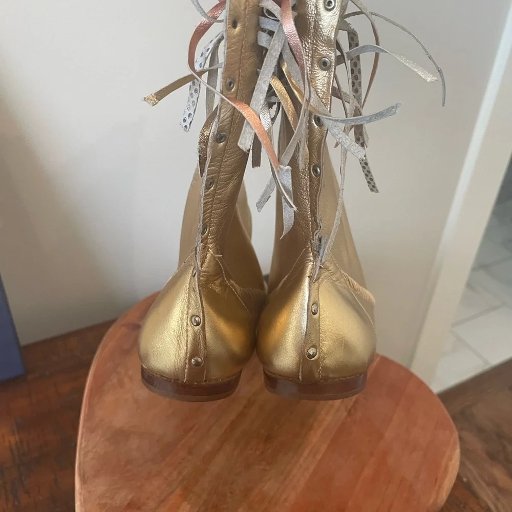 Vintage 80s Compulsion Leather Dress Gold Fringe Moccasins size 7.5M Brazil - Picture 7 of 14